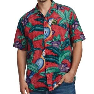 Vintage 90s Union Bay Parrot Shirt Mens Small Red‎ Tropical Macaw Aloha Rayon